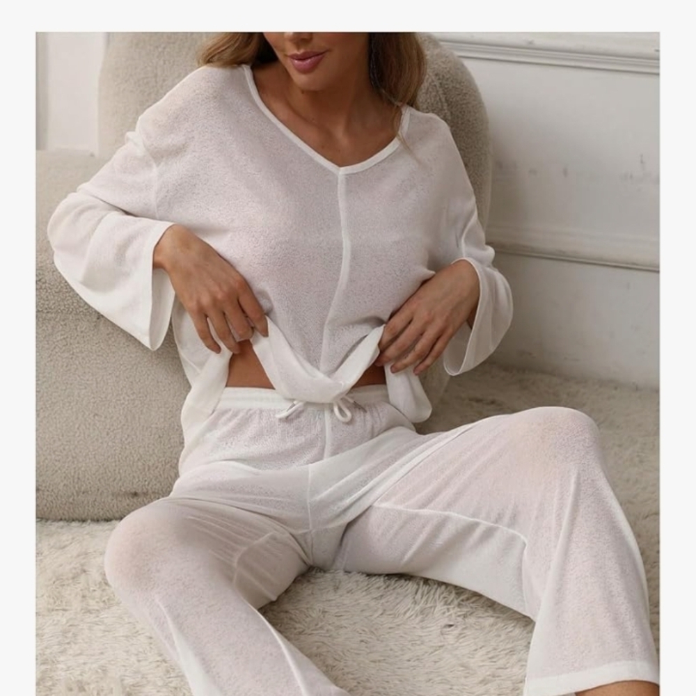 Women's White Lounge SetLong Sleeve Pajamas Top and Pants Loungewear‎ 2 Piece M
